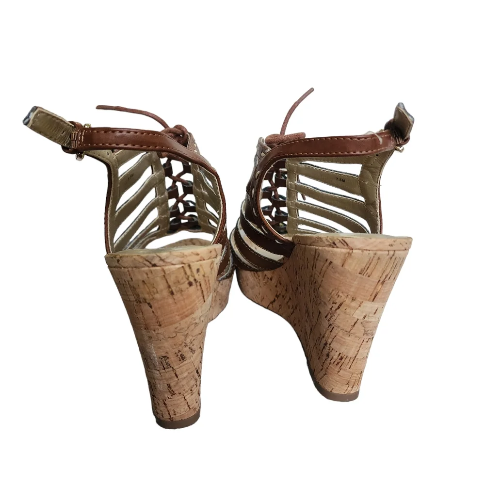 Guess Brown Gladiator Lace Up Cut Out Slingback Platform Wedge Heels size 7.5